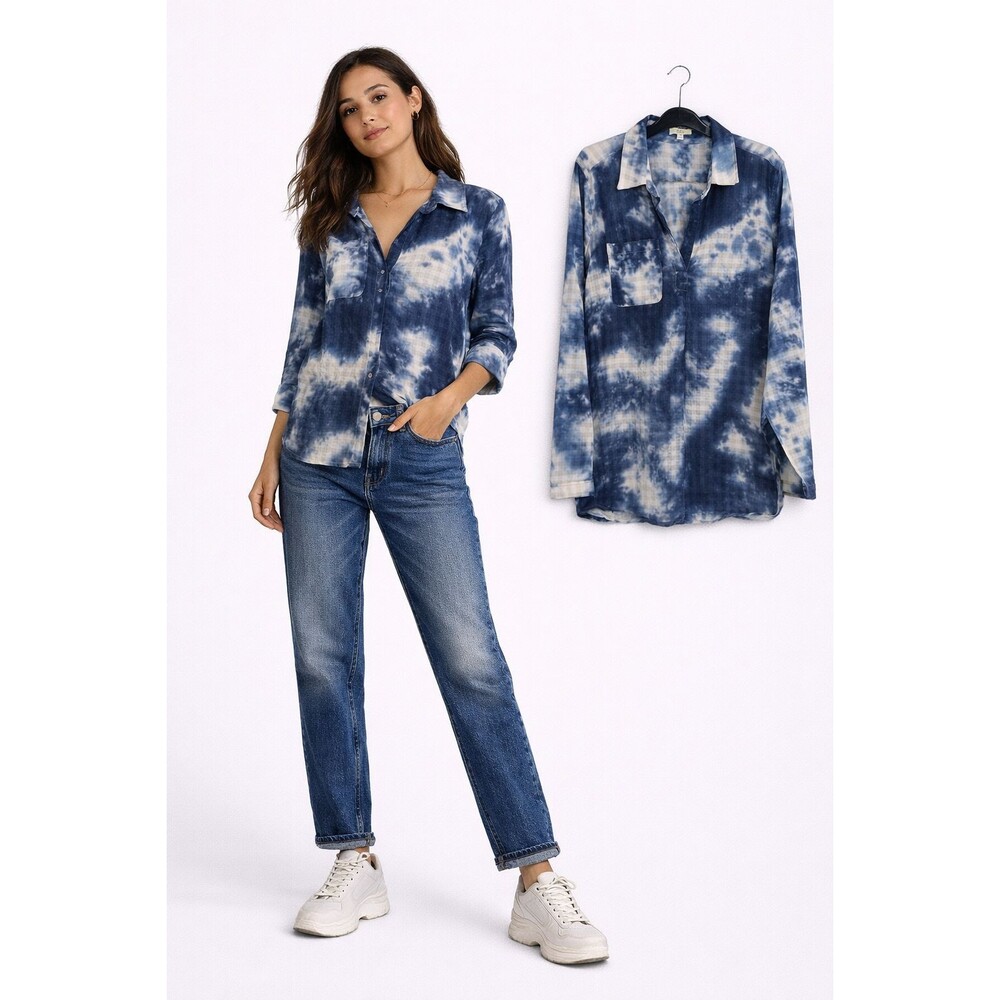 Kori America Gauze Popover Top Size Medium Blue Tie Dye